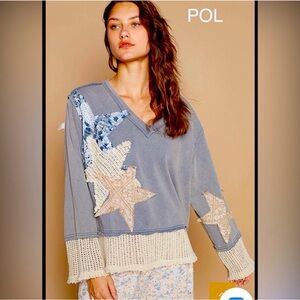 POL Women's Blue and Cream V-Neck Sweater with Star Details